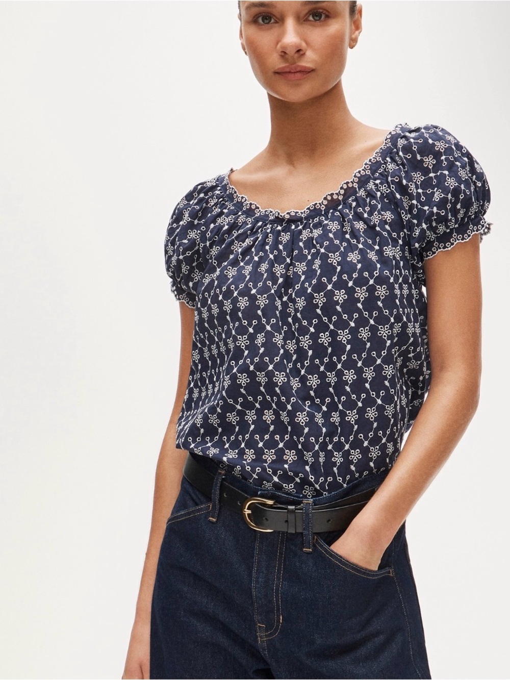 J Crew Navy Puff-Sleeve Eyelet Top